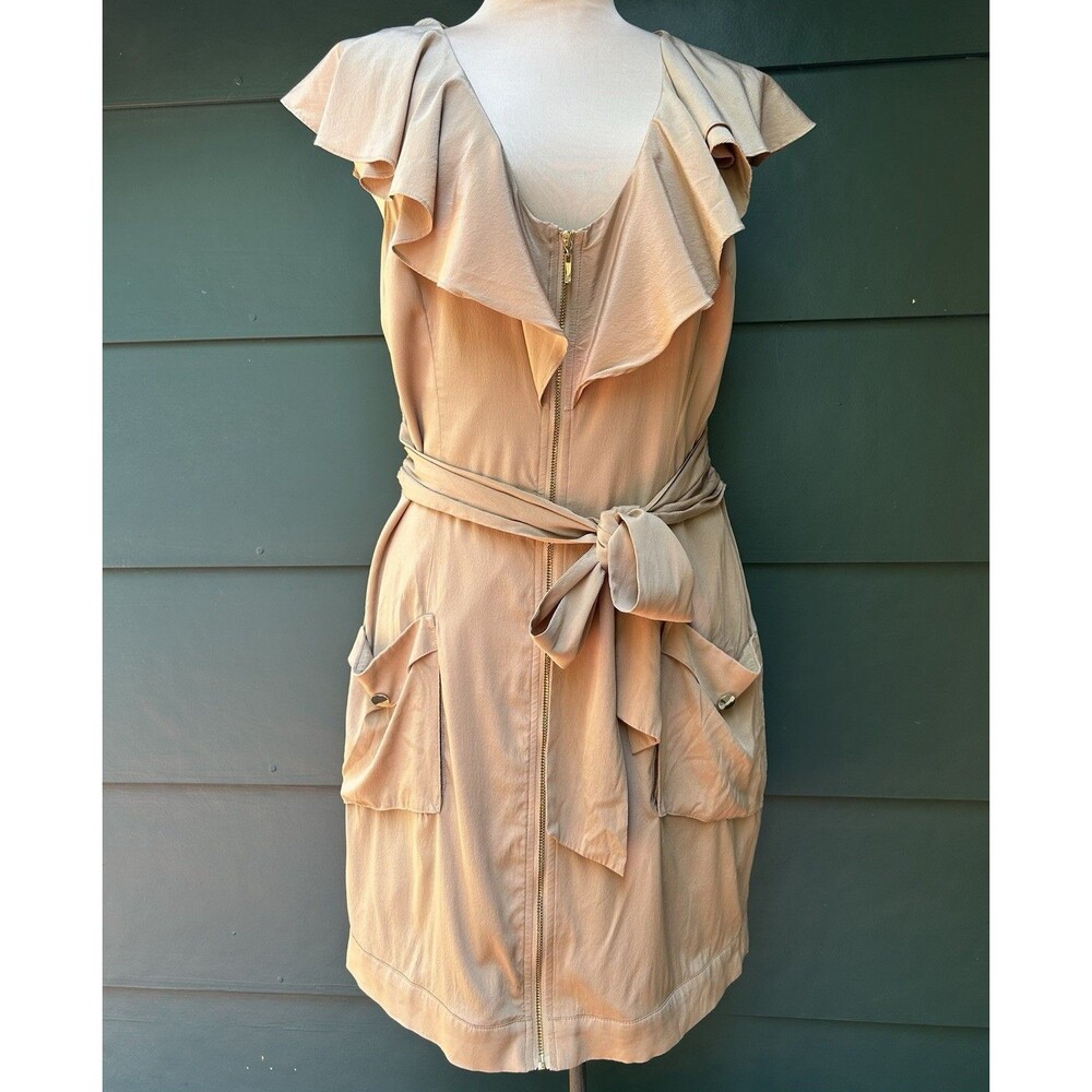 Vintage Bebe Y2K Silk Ruffle Zip Mini Dress Medium Taupe Beige Utility Tie Waist